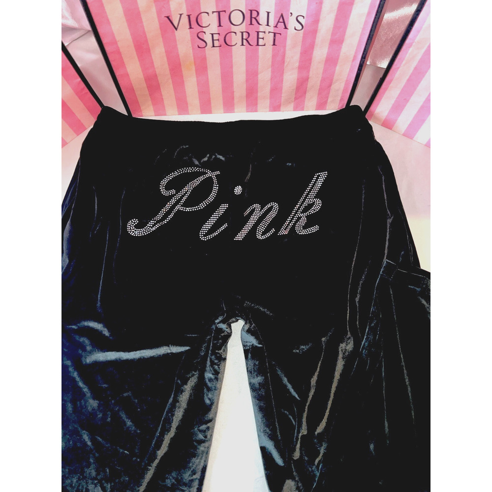 Victoria Secret PINK Velour Pants Wide Leg Butt Logo Black XXL Wide Leg